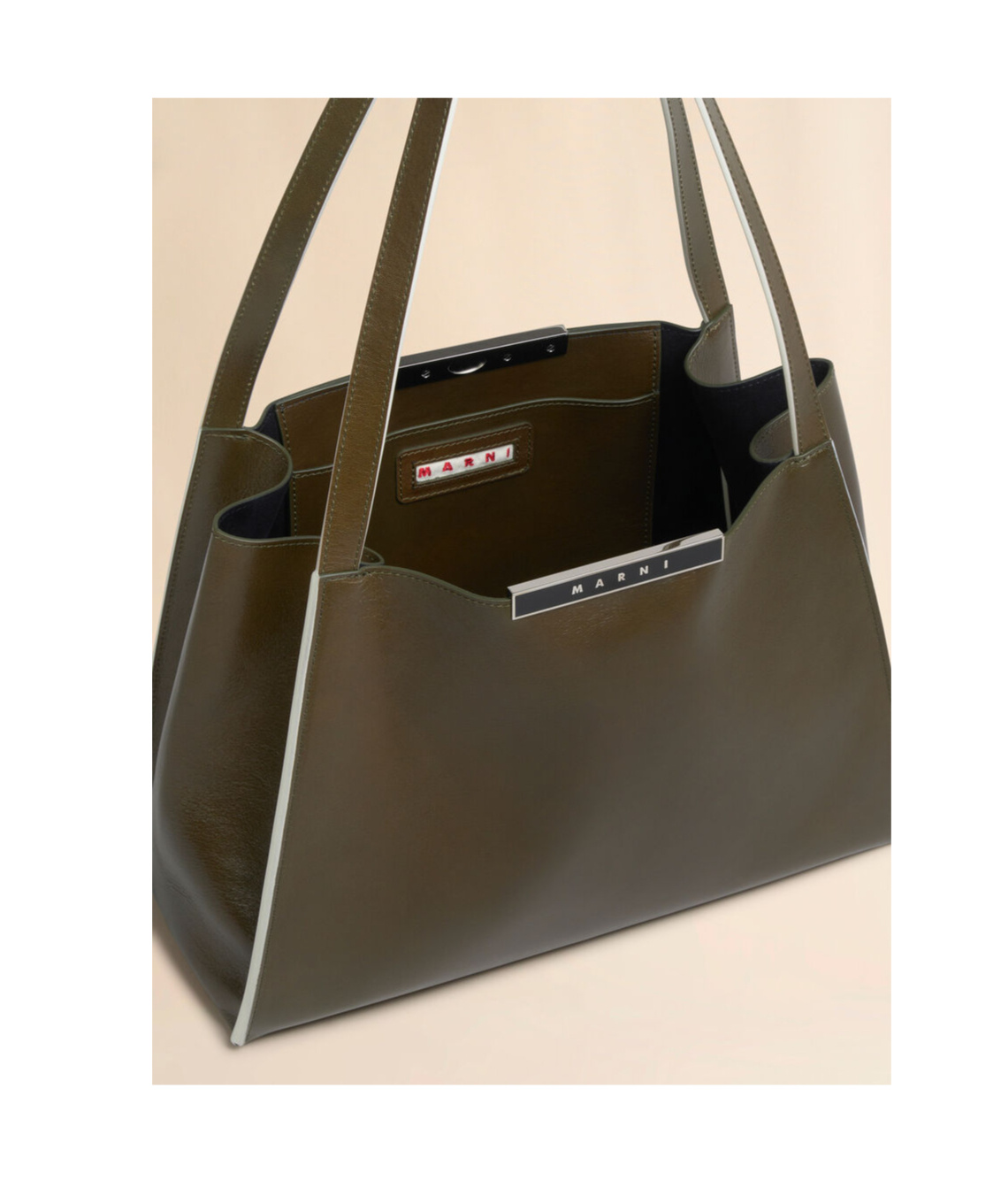 Marni Deep Green Leather Cresta E/w Small Tote Bag In Green