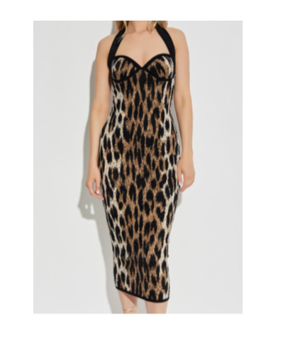 Balmain Halterneck Leopard Print Jacquard Bodycon Dress