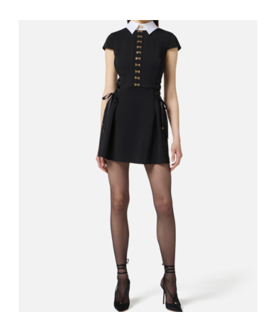 Elisabetta Franchi Mini Dress With Contrasting Collar And Decorative Clasps In Black
