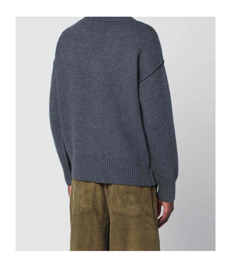 Ami Alexandre Mattiussi Dark Grey Wool Cardigan With Embroidered Heart Detail In Blue
