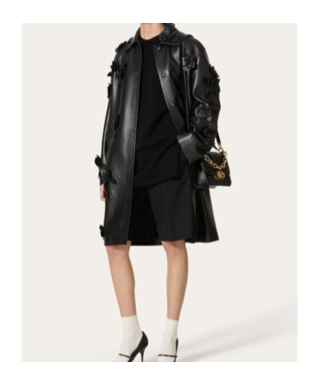 Valentino Black Leather Coat With Embroidery In Black