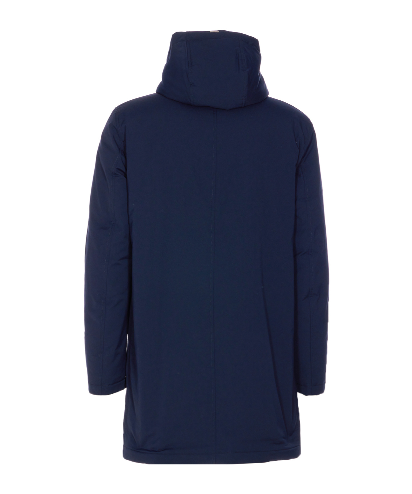 Herno Hooded Long Length Padded Coat With Button Pockets In Blue