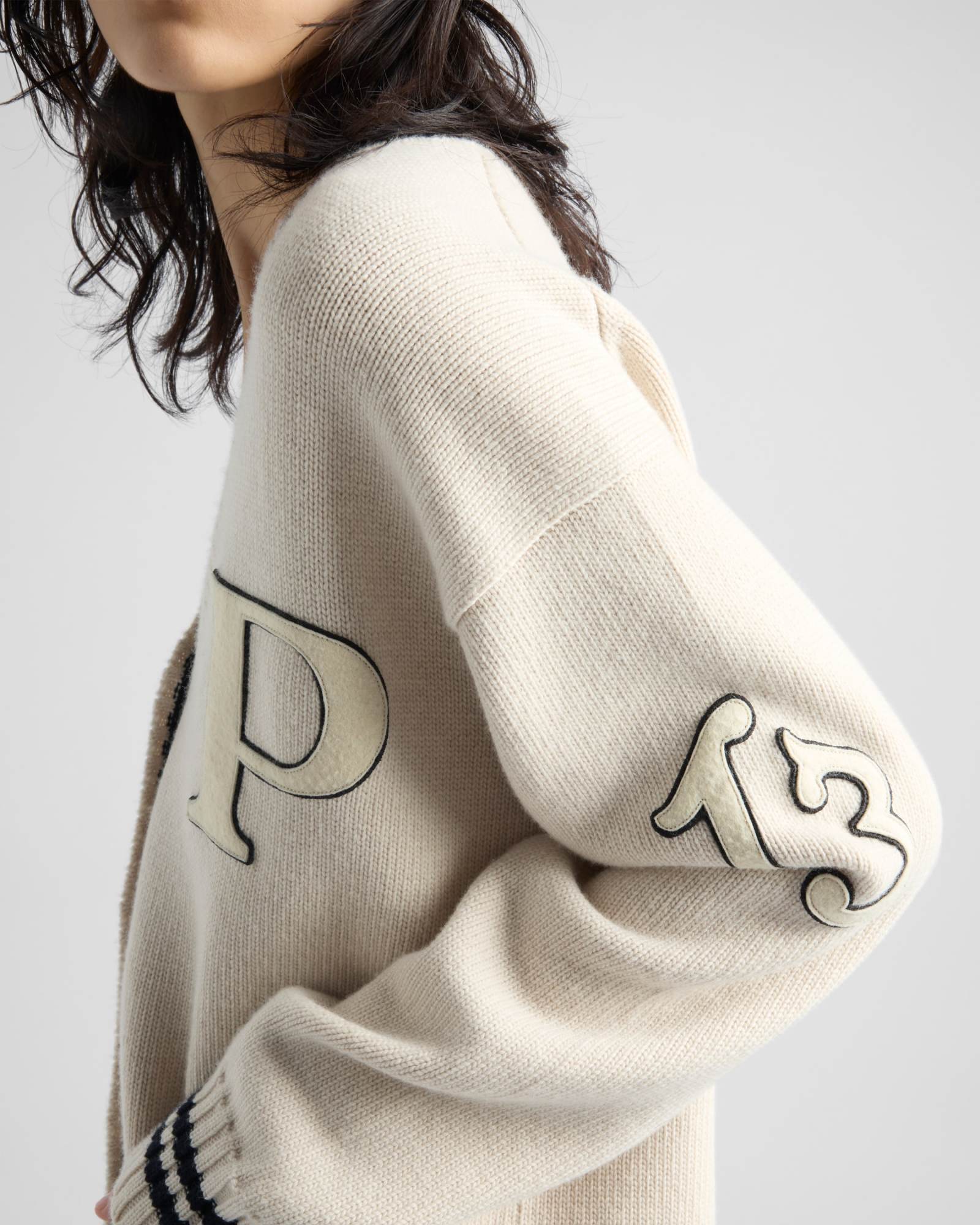Prada Wool-cashmere Varsity Cardigan In Nude