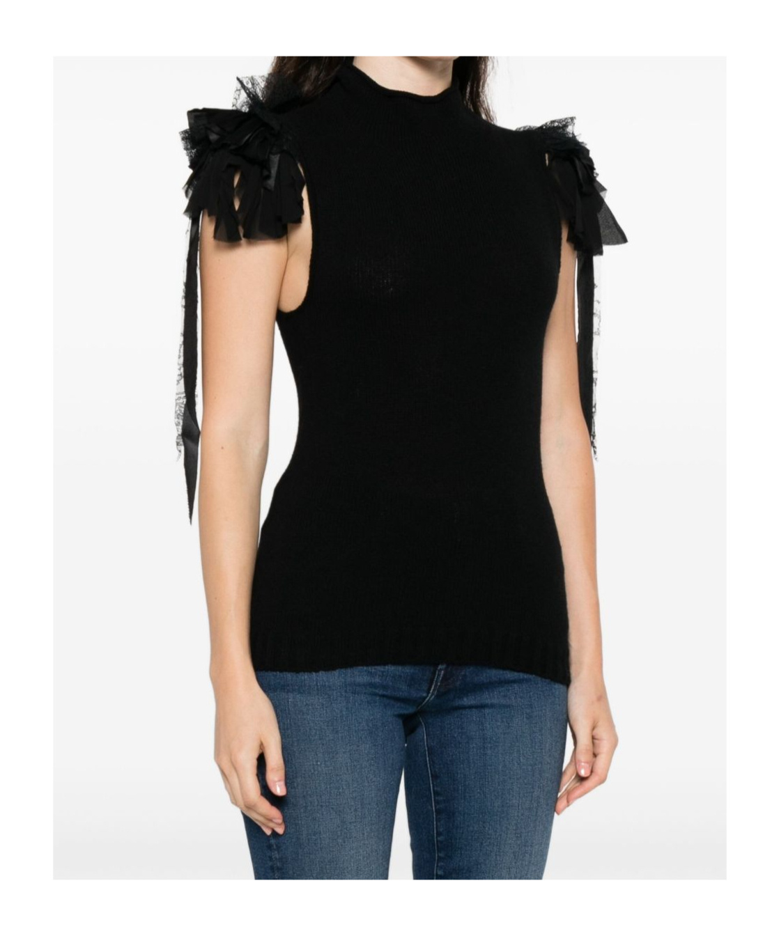 Alberta Ferretti Mock-neck Ruffle-shoulder Cashmere-wool Rib Tank Top In Black