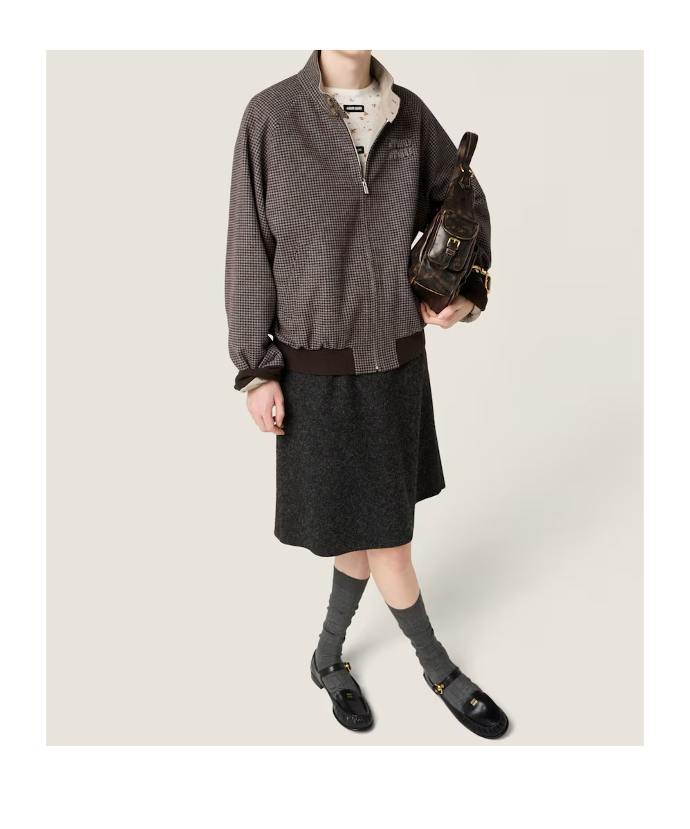 Miu Miu Reversible Houndstooth Check And Panama Cotton Blouson Jacket In Brown