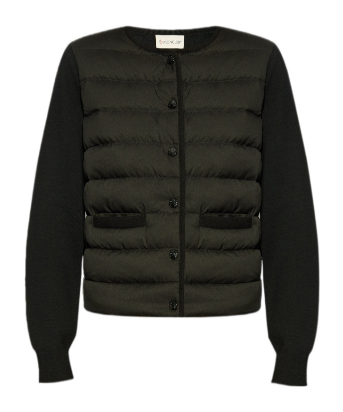 Moncler Wool Collarless Knit Sleeves Long Ribbed In Black