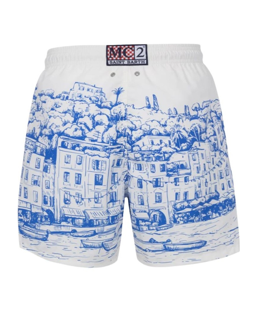 Mc2 Saint Barth Man Mid-length Gustavia Swim-shorts With Portofino Placed Print In Blue