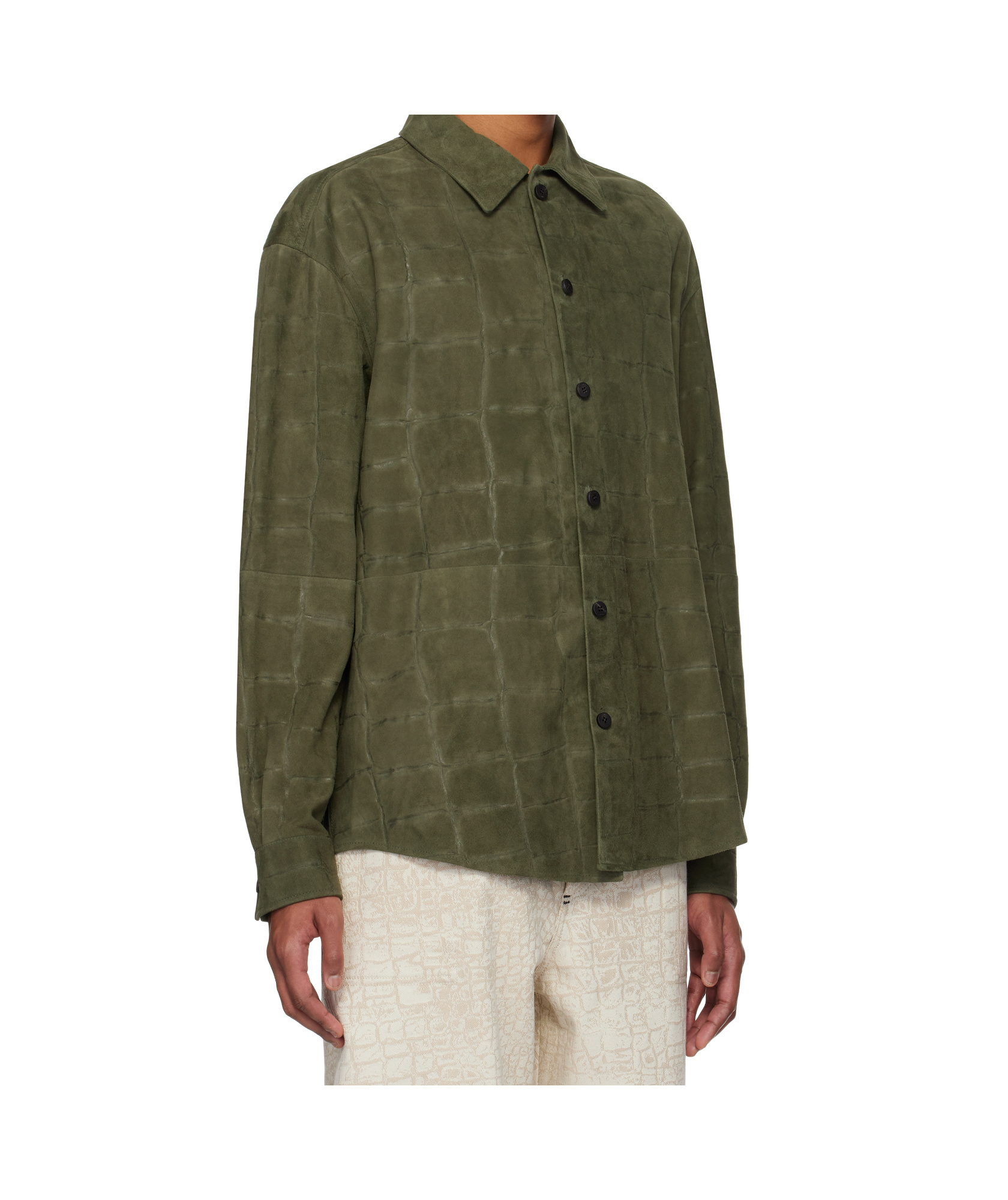 Jacquemus La Chemise Croc Embossed Goatskin Suede Button-up Shirt In Green