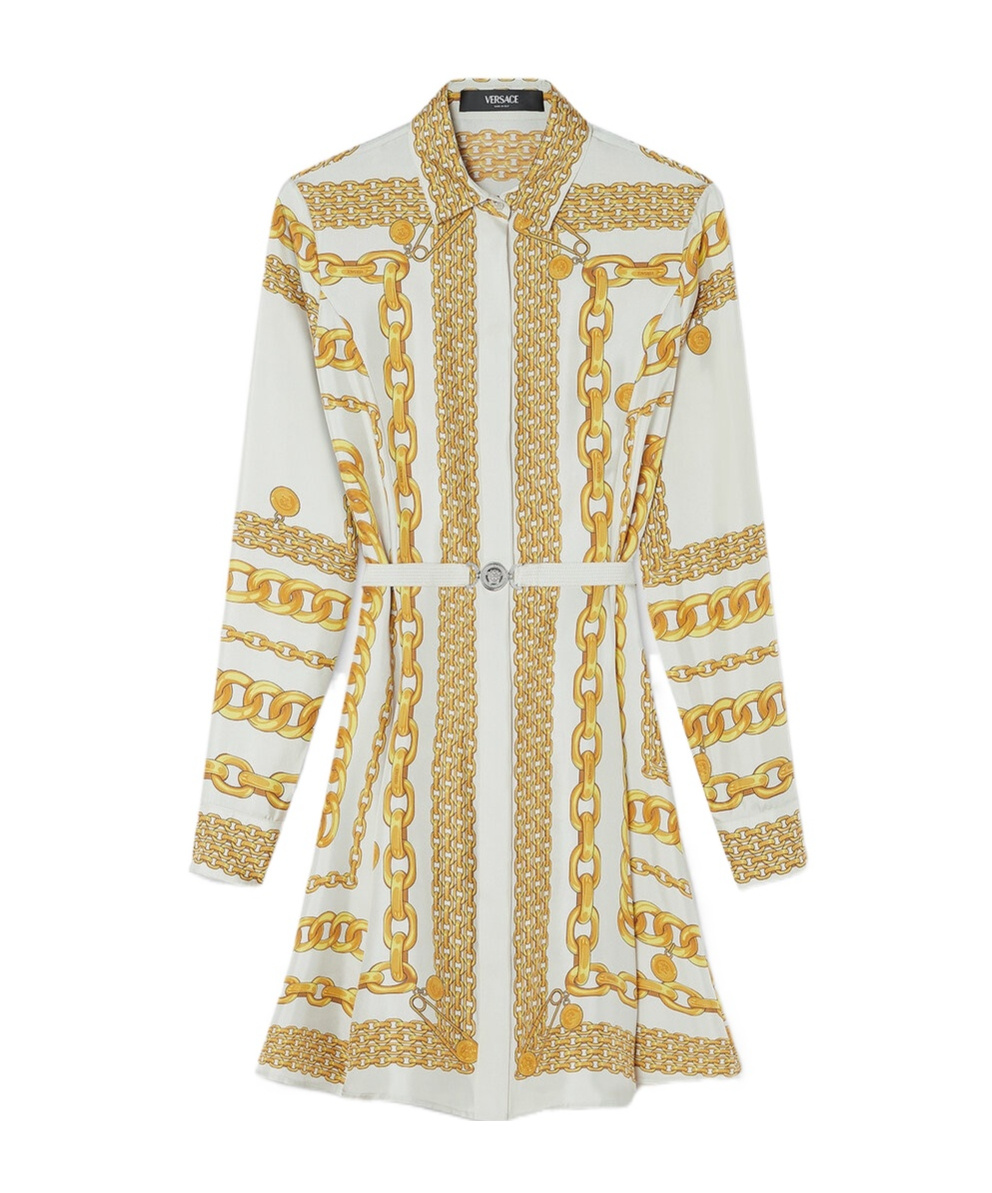 Versace Treasure Silk Mini Shirt Dress In Yellow