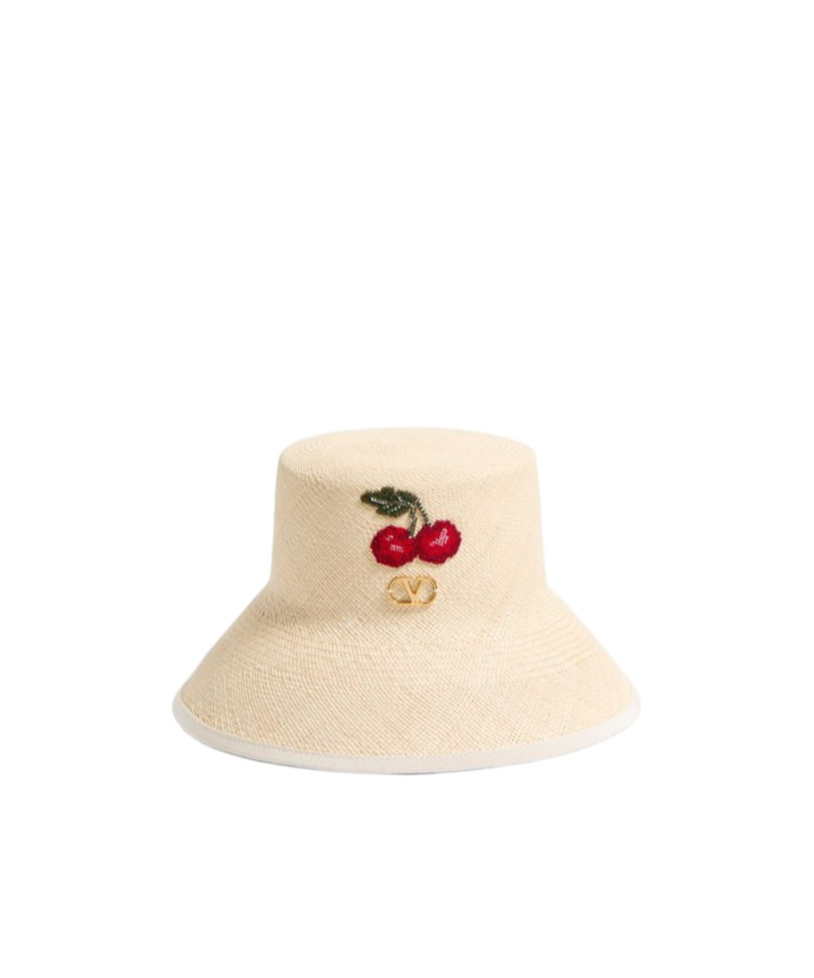Valentino Garavani Vlogo Signature Straw Bucket Hat With Leather Trim And Cherry Embroidery Woman Na In Natural/multicolor
