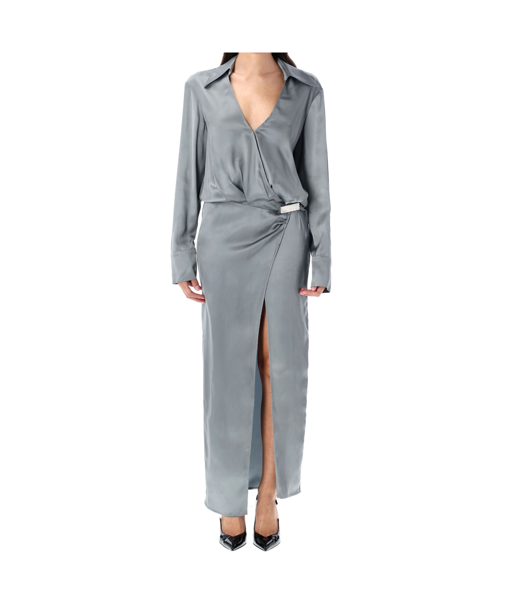 Attico Satin Dress Metallic Accent In Gray
