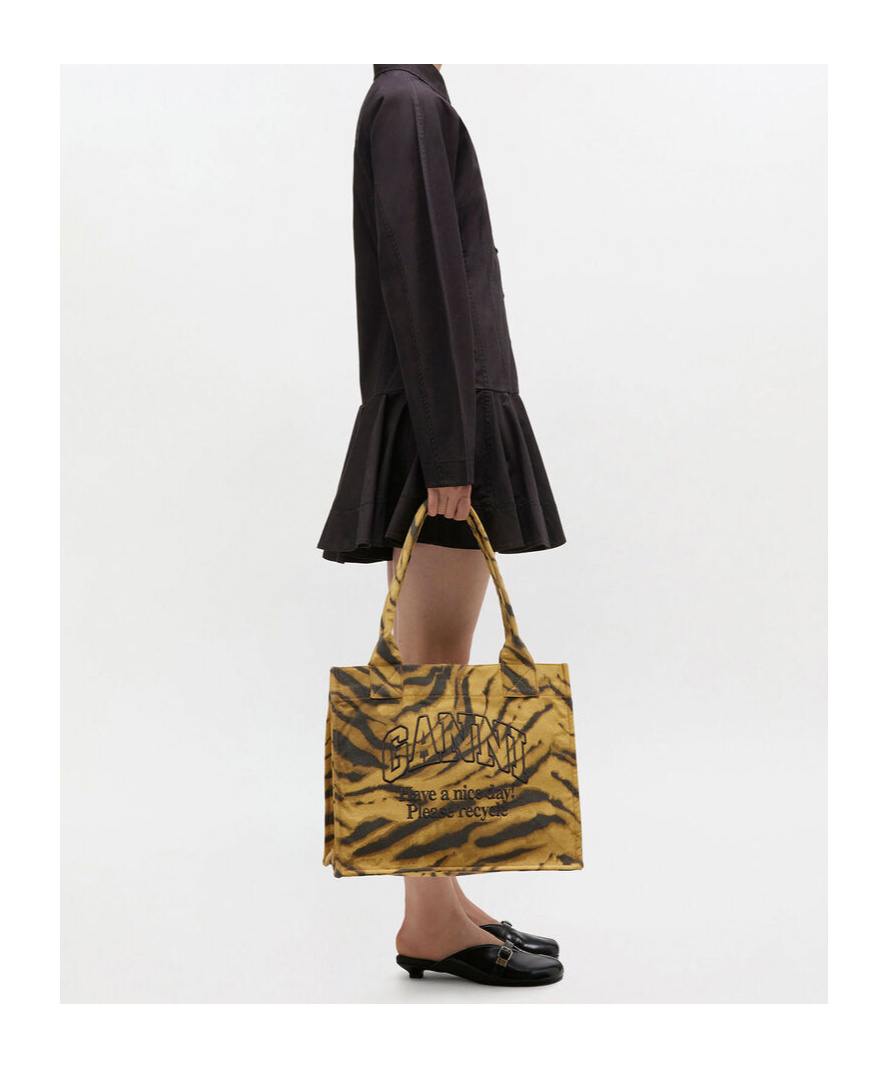 Ganni Large Tote Bag Made From Recycled Cotton In Brown