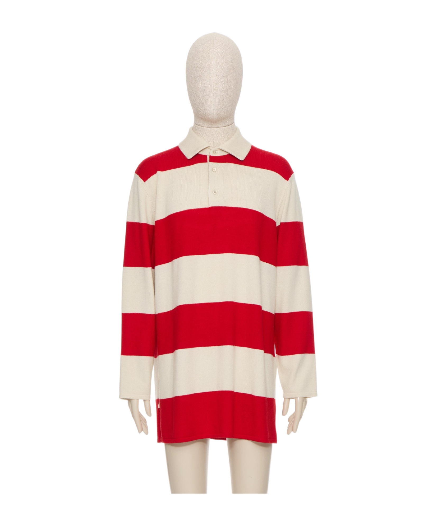 VALENTINO LONG-SLEEVED POLO SHIRT IN STRIPED WOOL WITH CHEZ VALENTINO PRINT 
