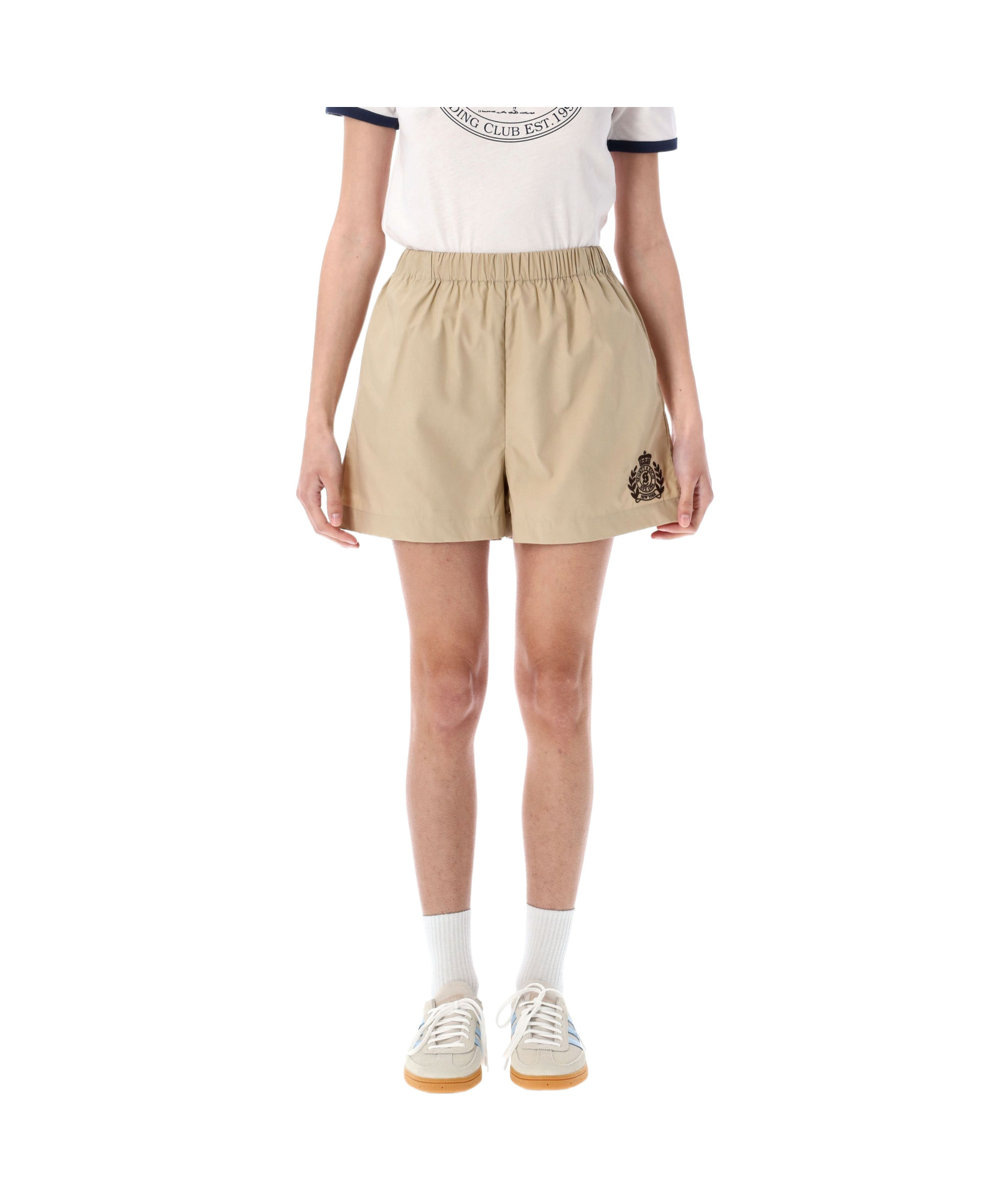 Sporty And Rich Crest Elastic Waistband Side Pockets Shorts
