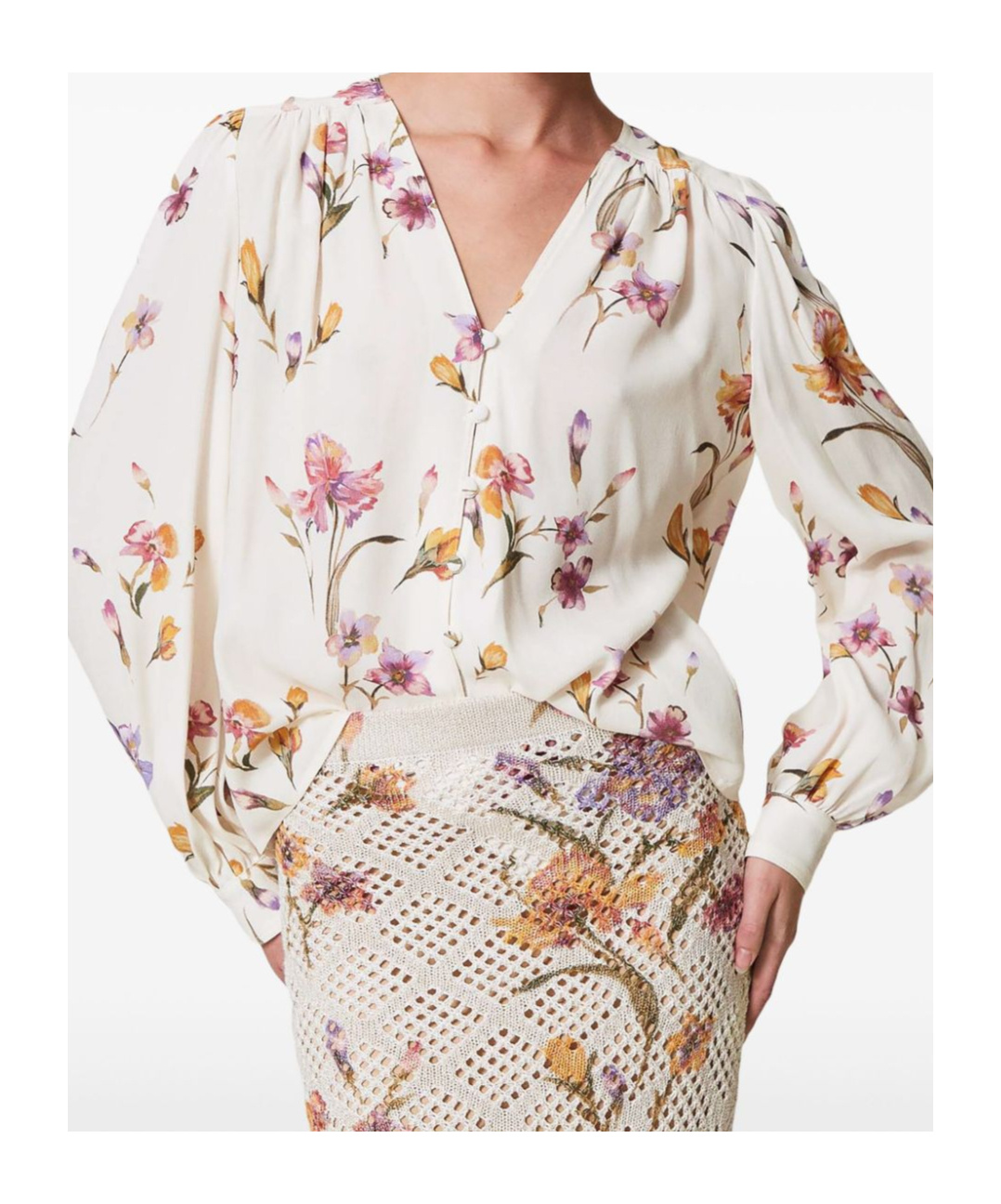 Twinset Twin-set V-neck White Shirt With Floral Print In White