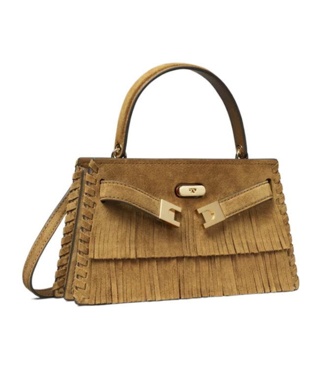 Tory Burch Mini Lee Radziwill Suede Fringe Top-handle Bag In Brown