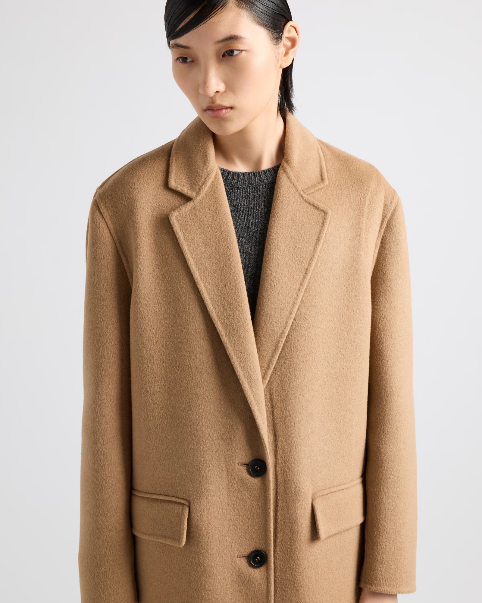 Prada Single-breasted Cashgora Coat In Camel Brown