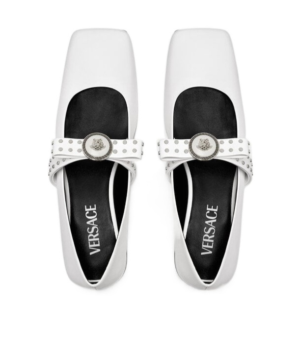 Versace Medusa Bow Open Toe Mary Jane Flat In White