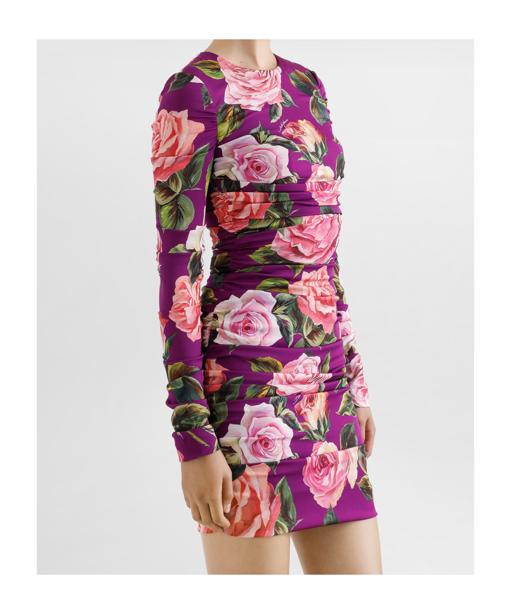 Dolce & Gabbana Charmeuse Midi Sheath Dress With Draping And Rose Print In Multicolor