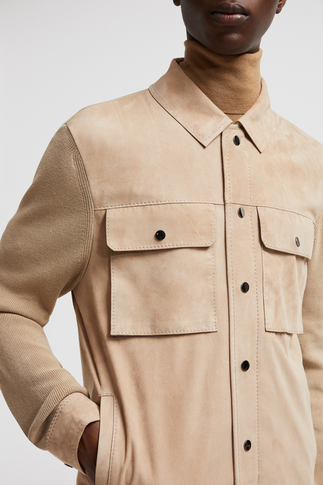 Moncler Knitted Cotton & Suede Cardigan Jacket In Nude
