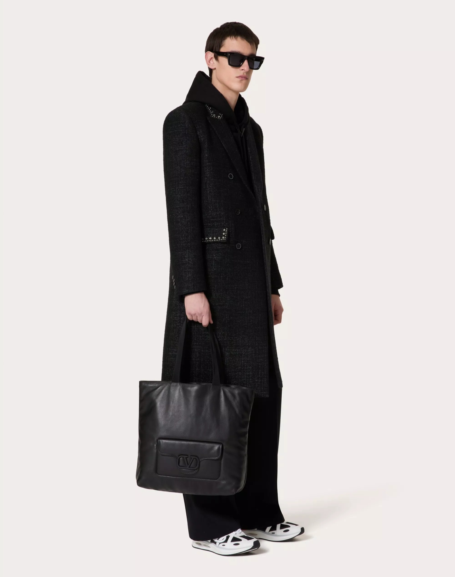 Valentino Convex Round Double-breasted Wool Coat In Anthracite Color