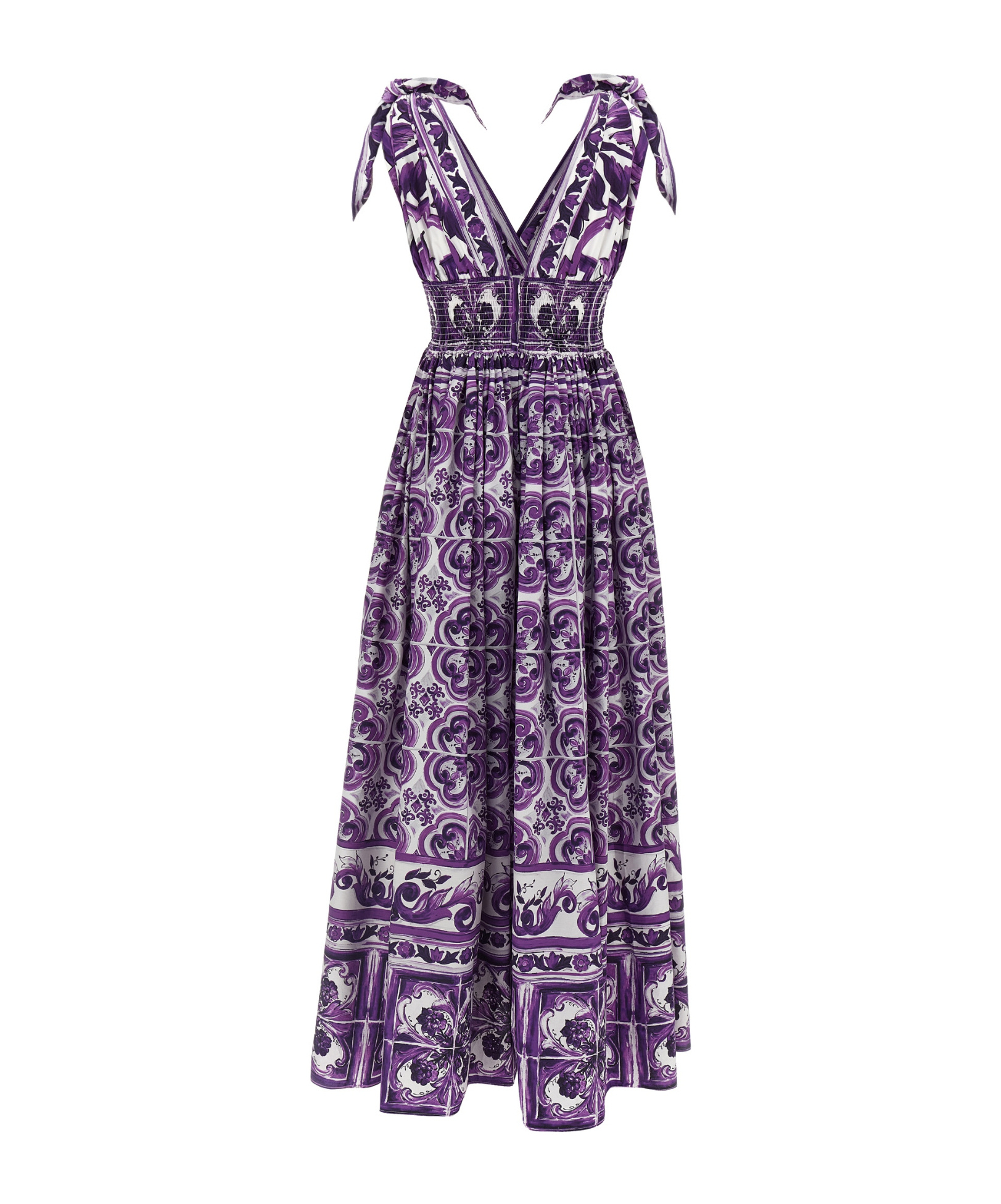 Dolce & Gabbana Smocked V-neck Maxi Dress With Tie Straps In Purple