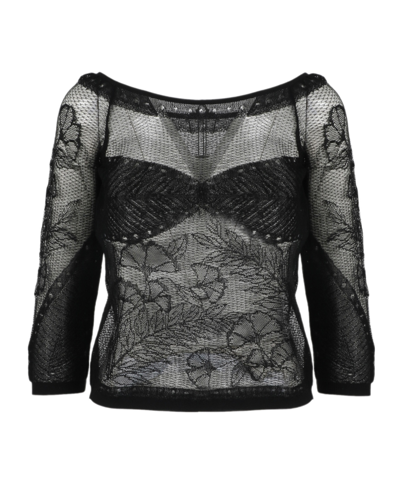 Alberta Ferretti Lace Detailed Semi-sheer Top In Black
