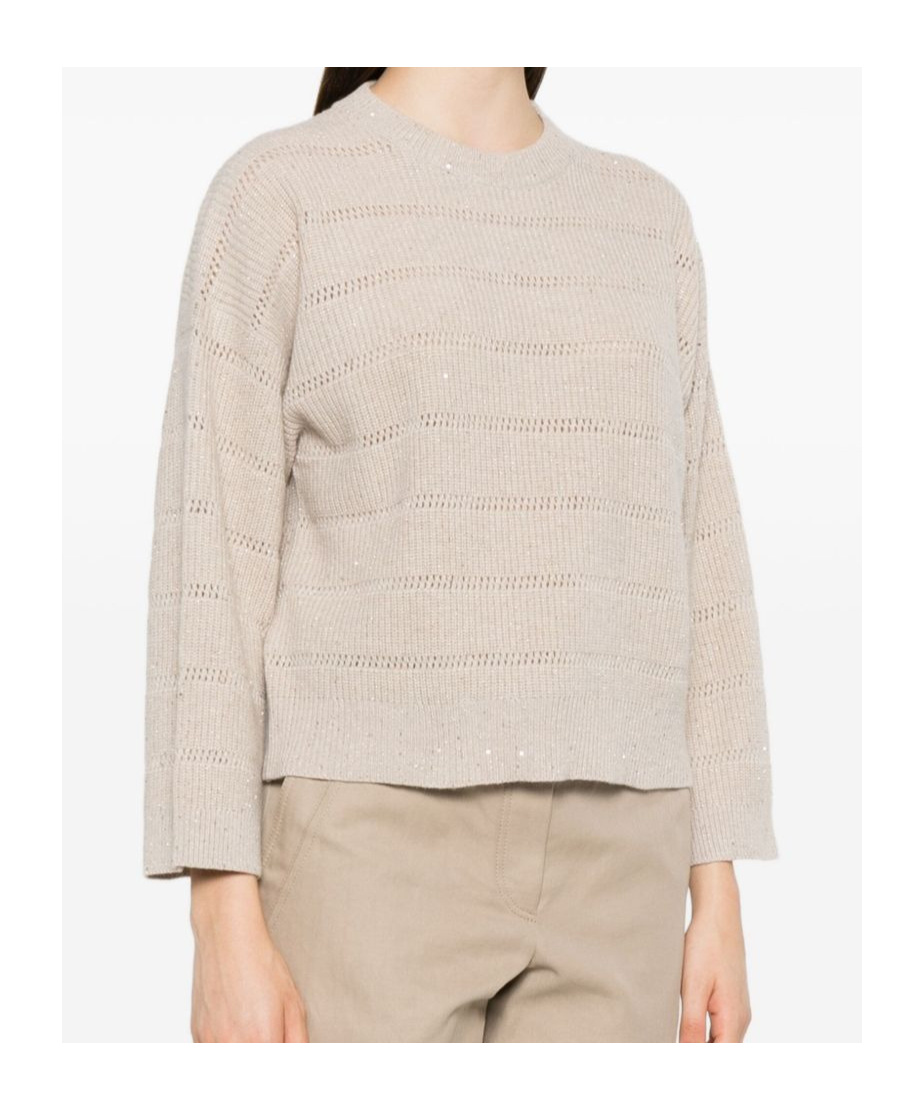 Brunello Cucinelli Striped Open-knit Sweater In Gold
