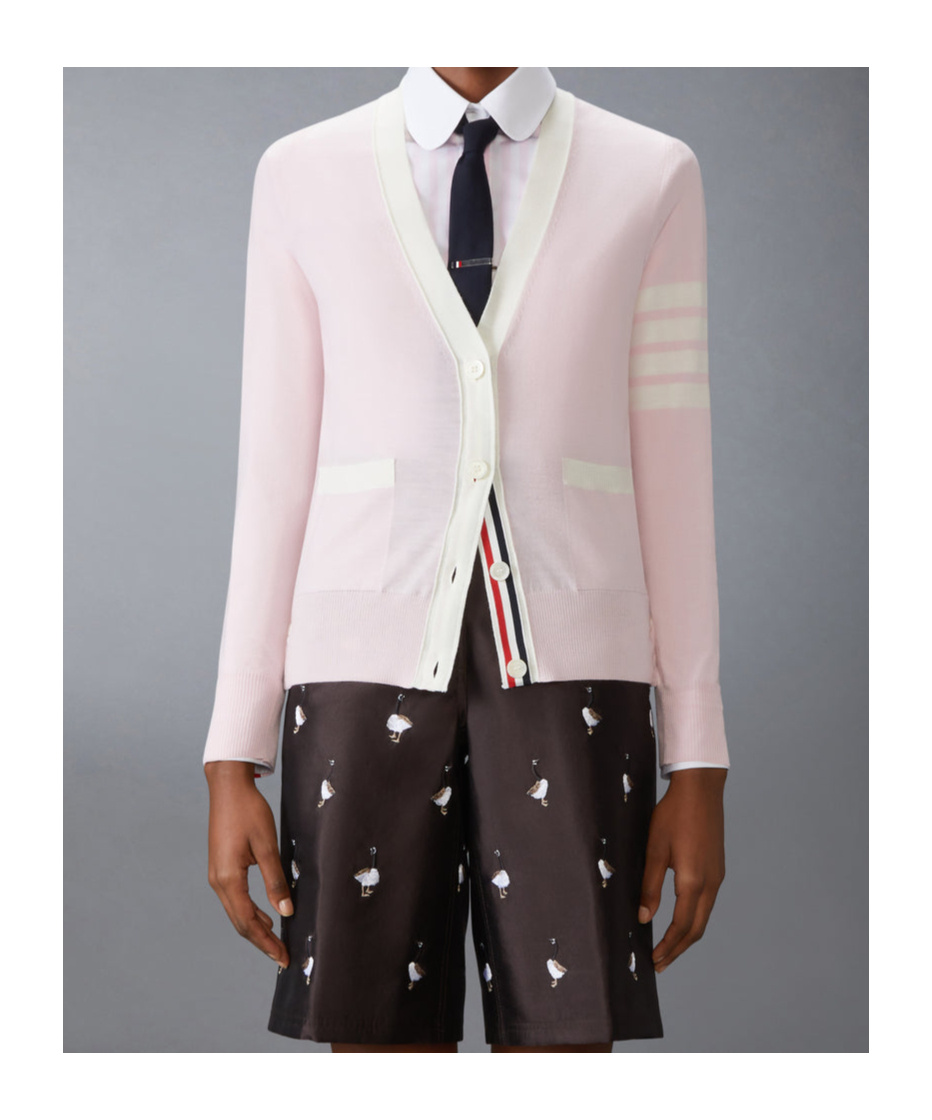 Thom Browne Relaxed Fit V Neck Cardigan With 4 Bar Stripe