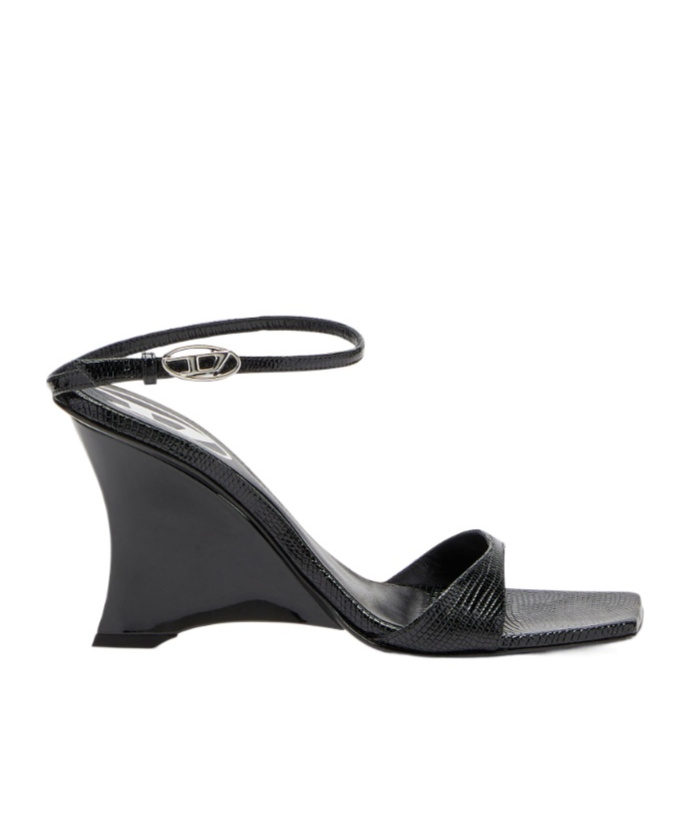 Diesel D-amber-wedge Sandals In Lizard-effect Leather In Black