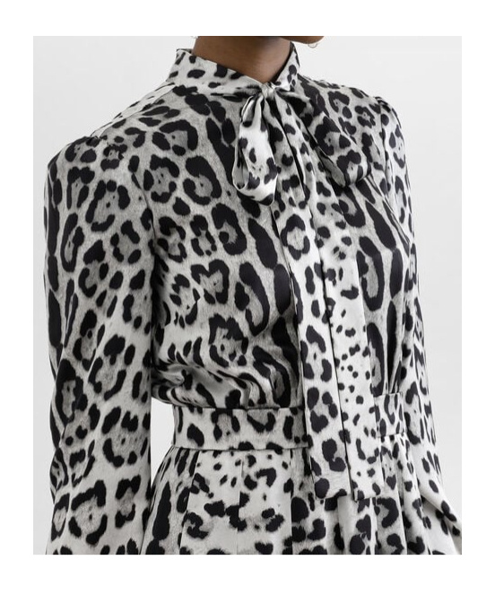 Dolce & Gabbana Satin Calf-length Shirt Dress With Pussy-bow And Leopard Print In Gray