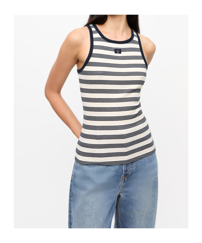 Ganni Womens Sky Captain Striped Ribbed Stretch-cotton Top In White