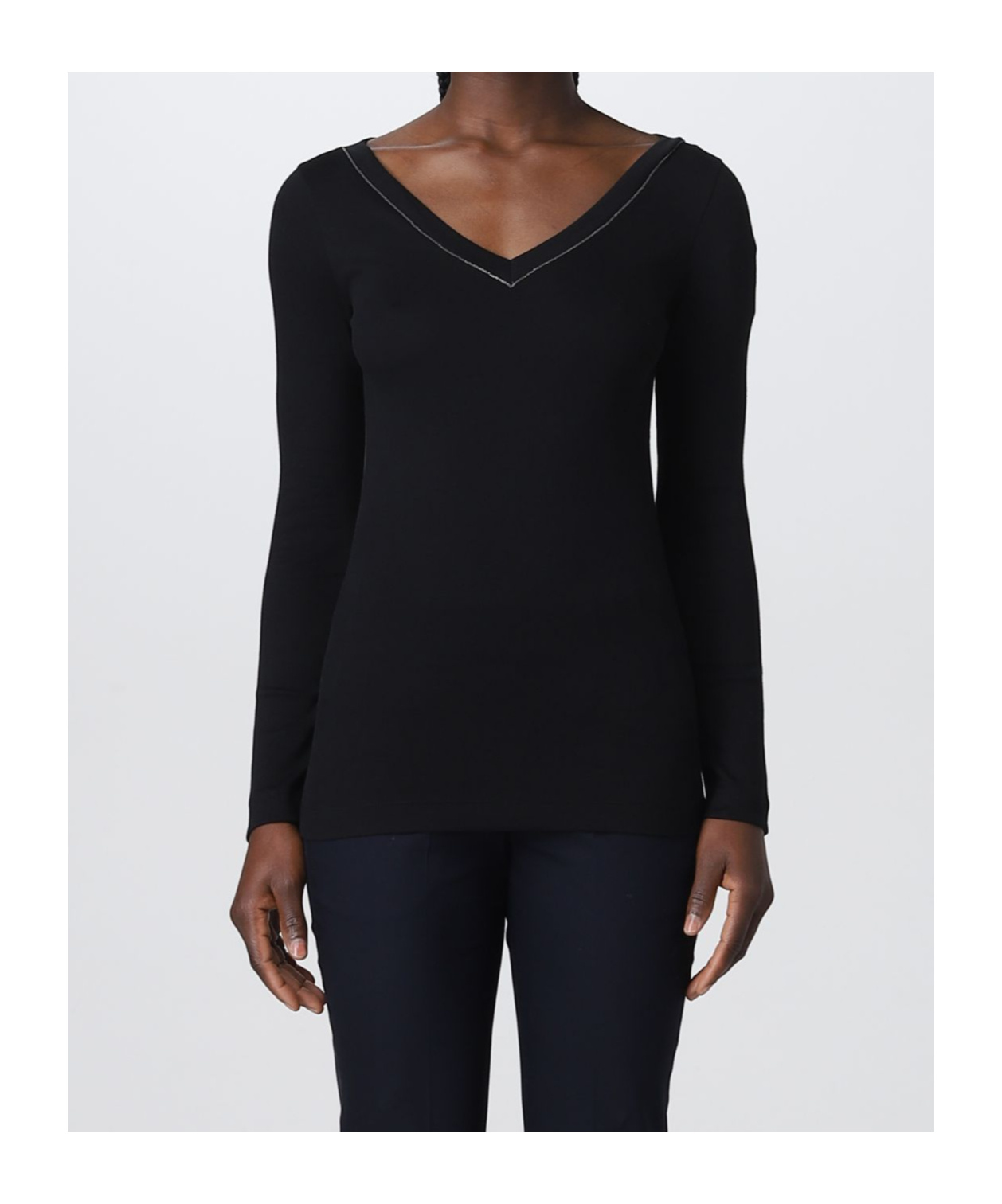Brunello Cucinelli Black V-neck Pullover With Beads Detailing In Black