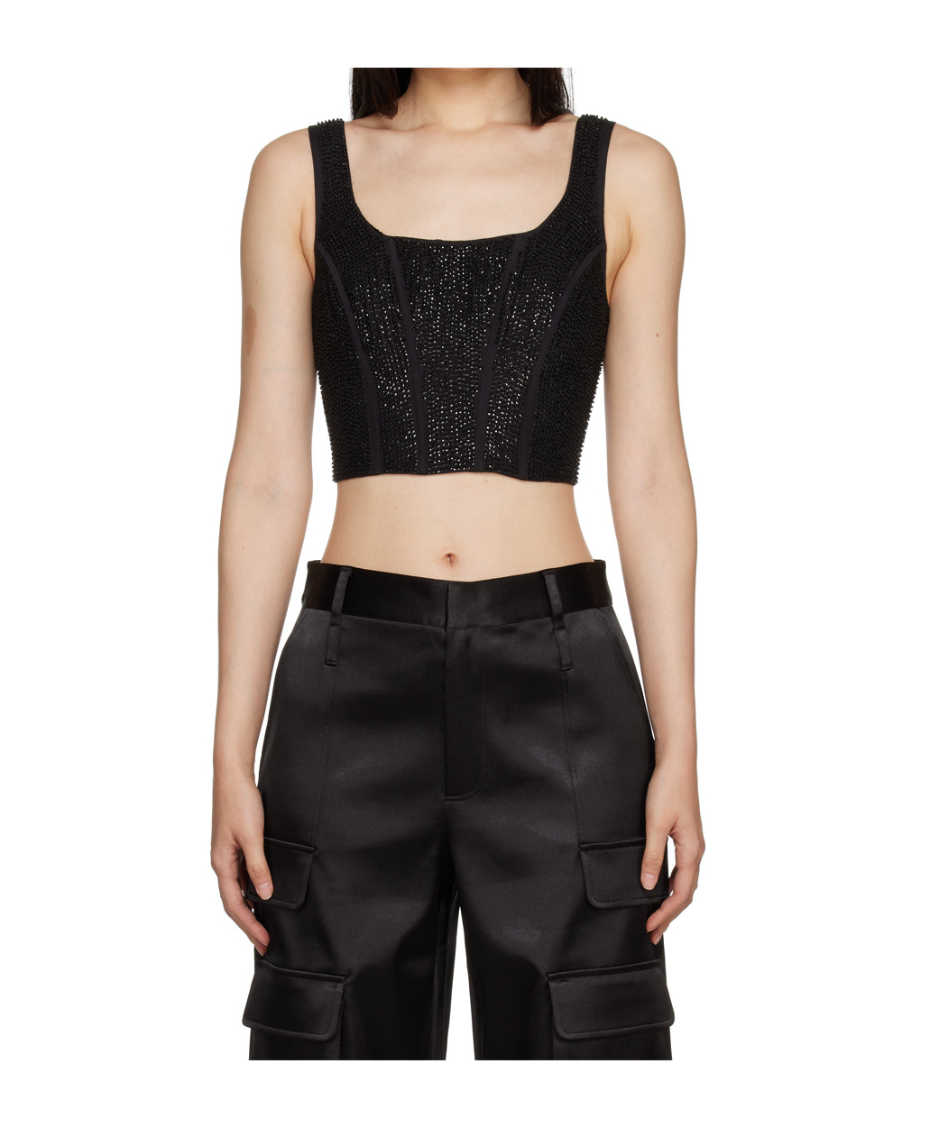 Frame Beaded Silk Corset Crop Top In Black