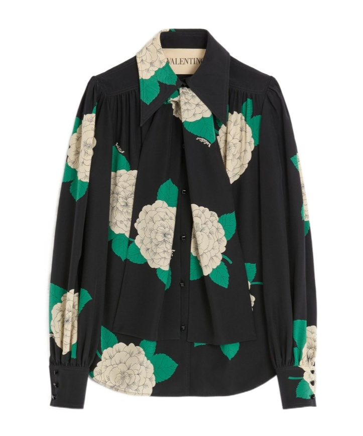 Valentino Crepe De Chine Shirt With Apres L'hiver Print In Black