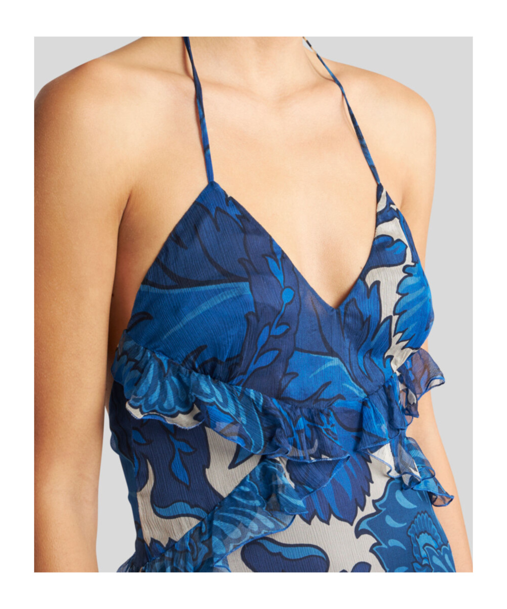 Etro Dress With Maxi Floral Print And Detachable Cape In Electric Blue