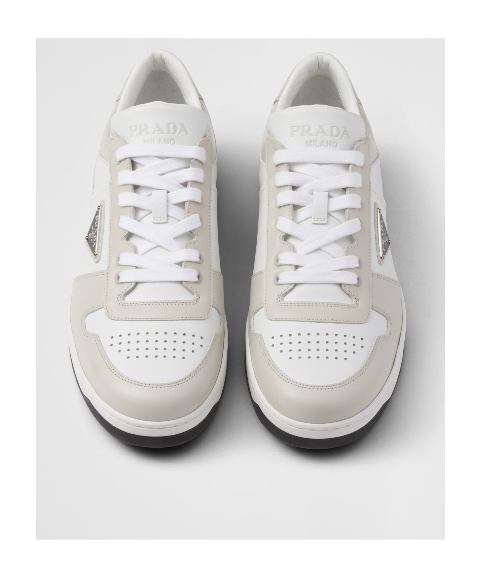 Prada Downtown Logo-plaque Perforated Leather Low-top Trainers In White