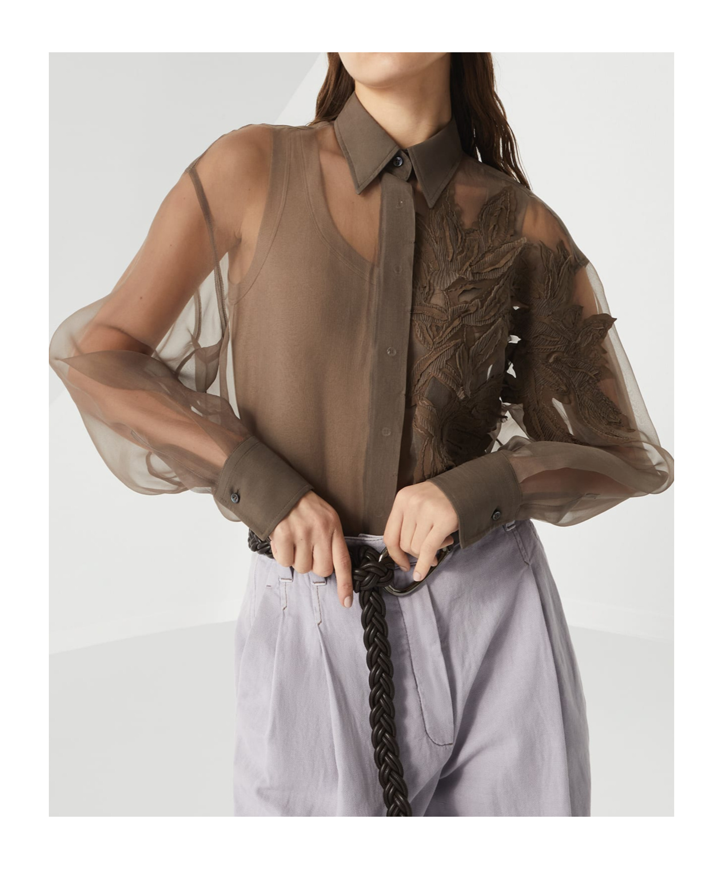 Brunello Cucinelli Laser Cut Crispy Silk Chiffon Blouse In Brown