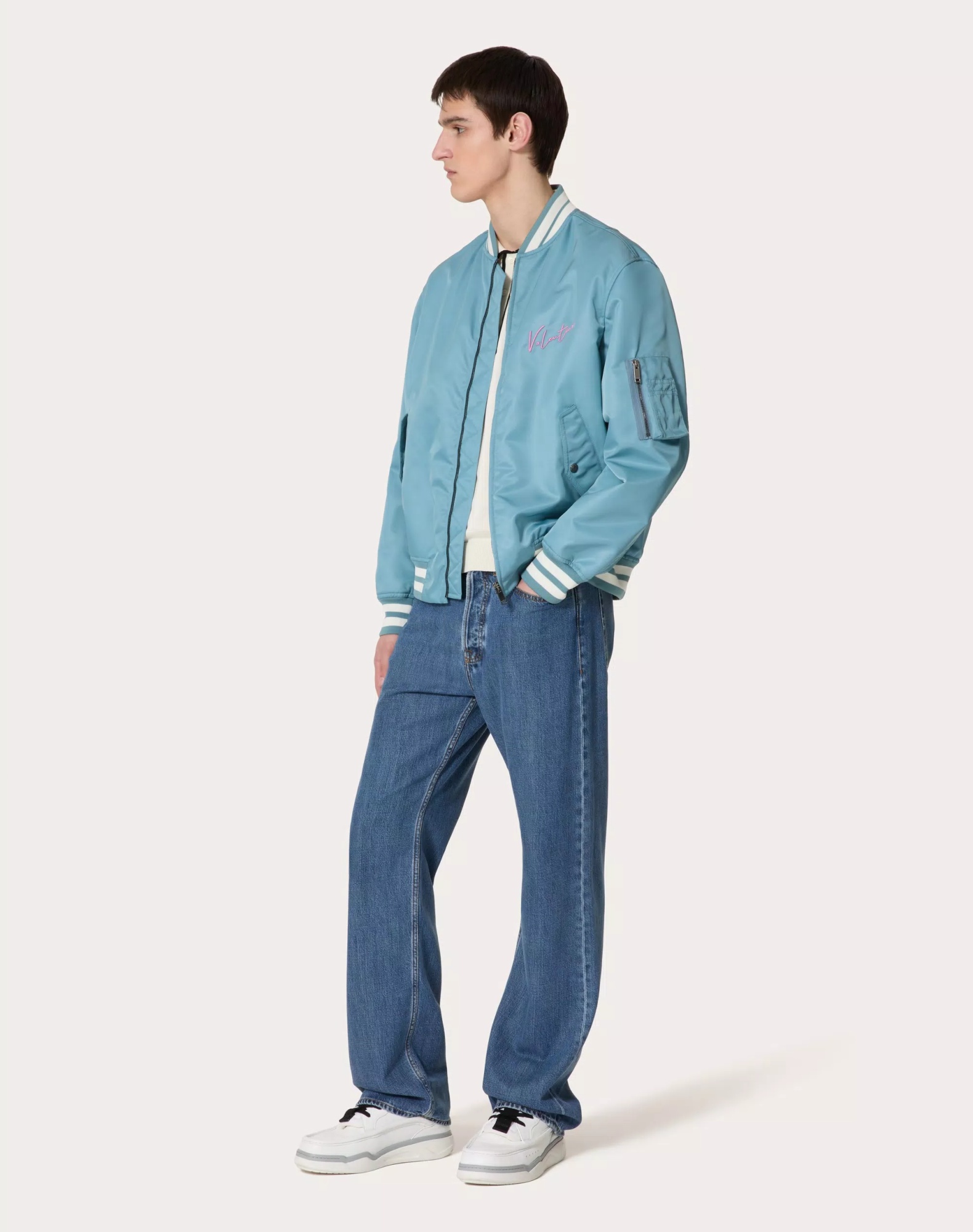 Valentino Nylon Bomber Jacket With Embroidery And Print. In Blue