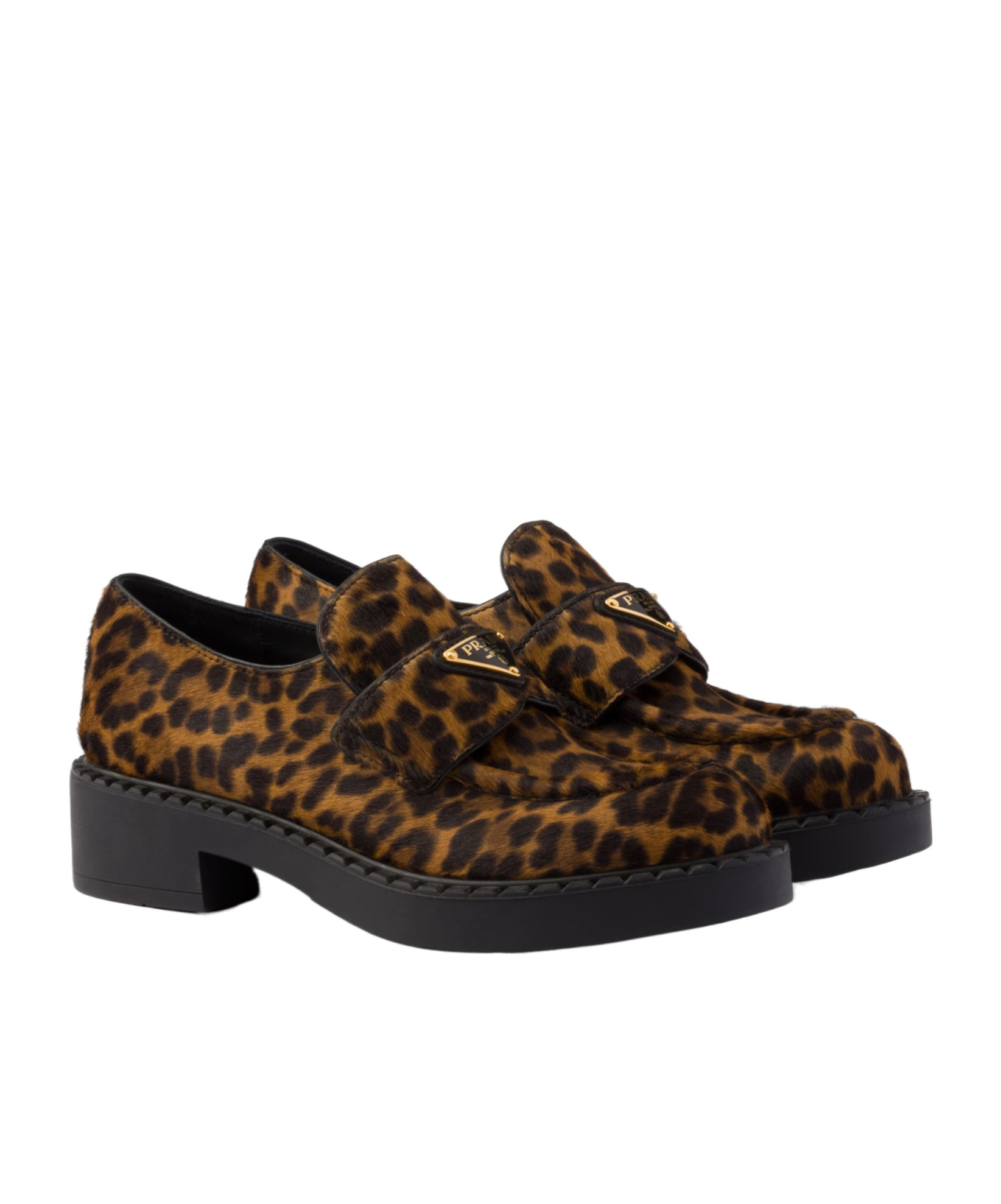 Prada Leopard Calf Hair Triangle Loafers In Black