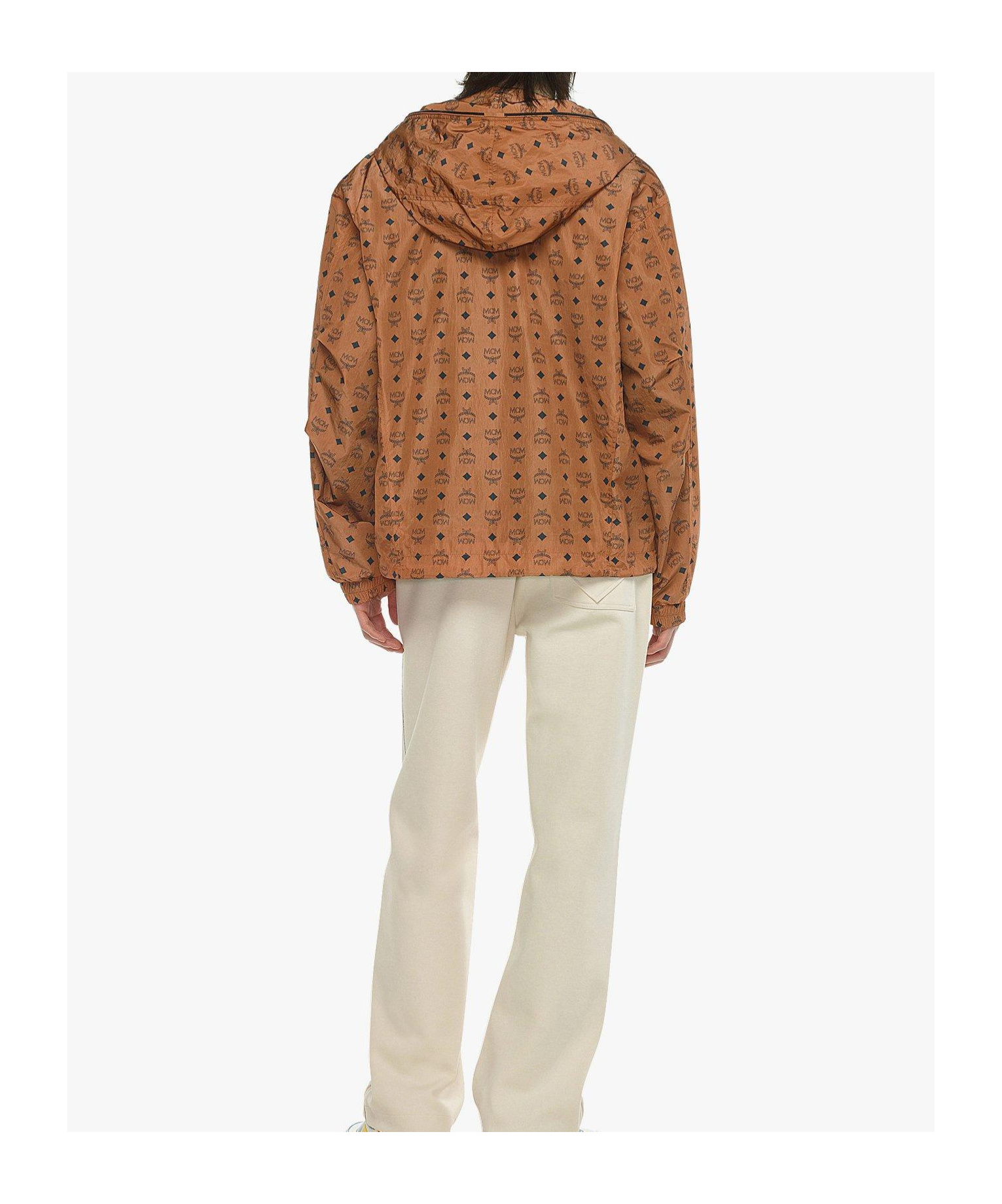 Mcm Monogram-printed Zipped Hooded Jacket In Brown