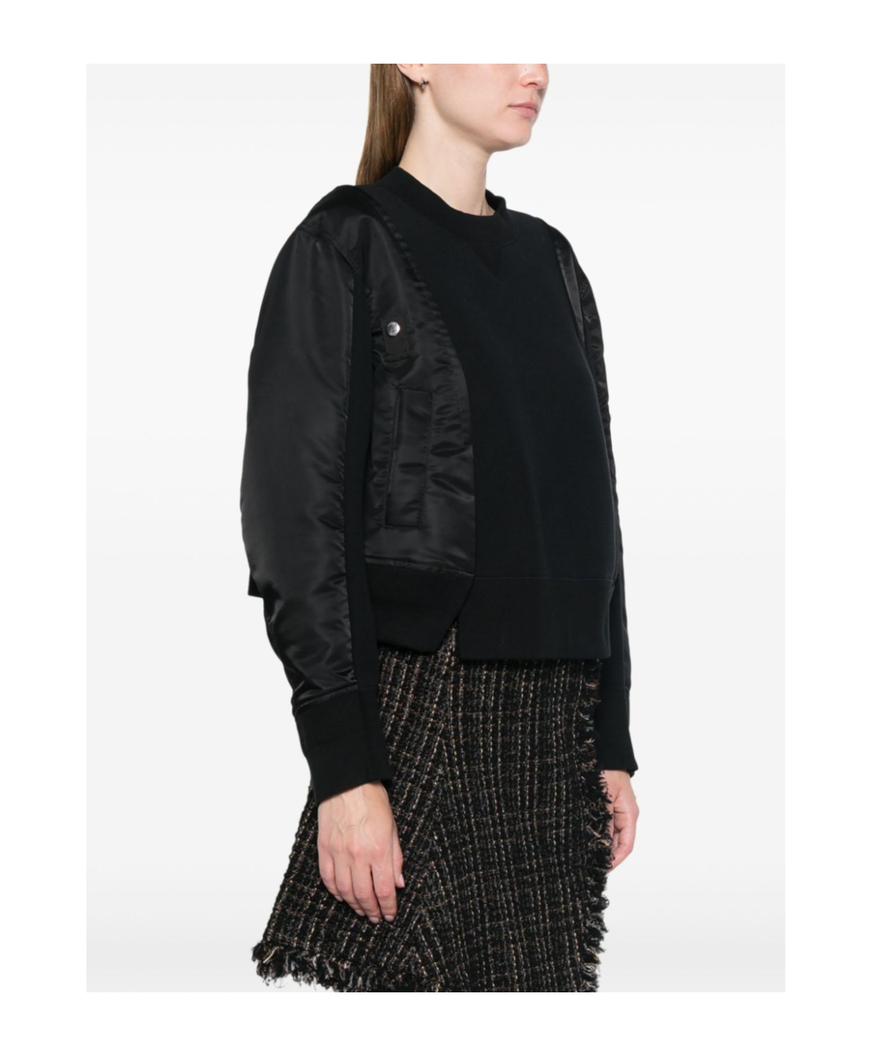 Sacai Crewneck Sweater With Satin Panels And Zip Pocket In Black