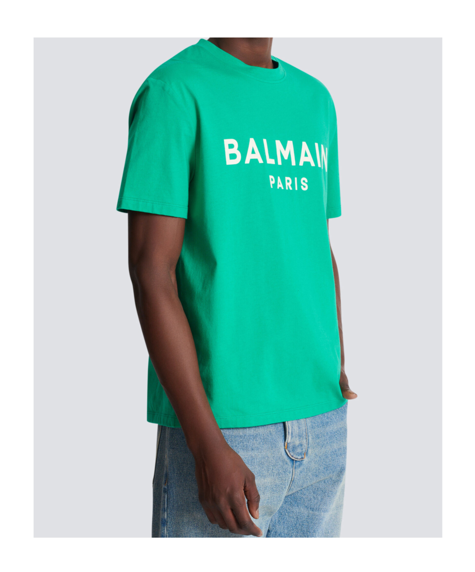 Balmain Green Crewneck T-shirt With Logo Lettering Print On The Front In Cotton Man