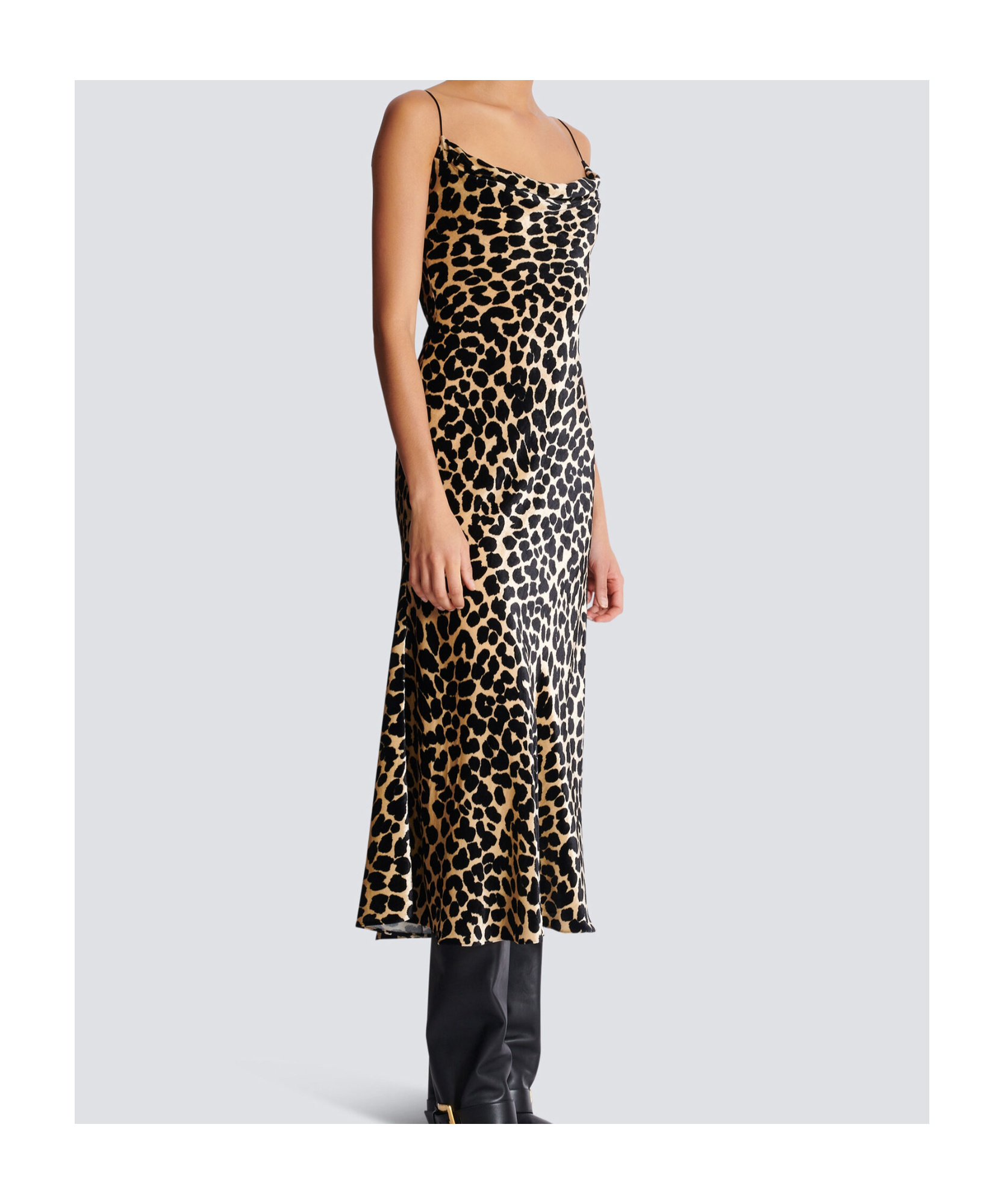 Balmain Leopard Print Cowl Neck Velvet Slip Dress In Animal Print