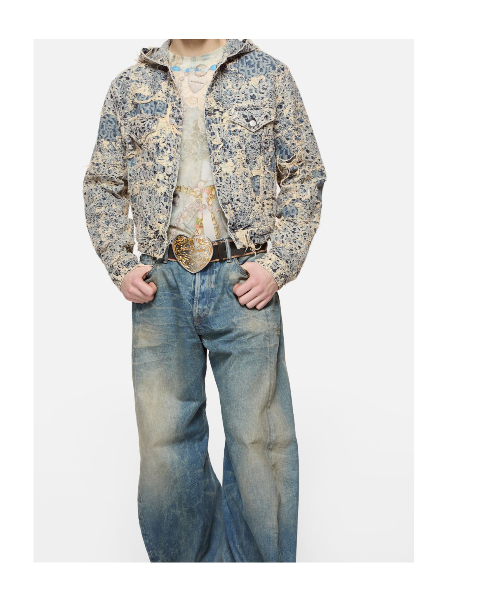 Acne Studios Hooded Distressed Denim Jacket In Neutral