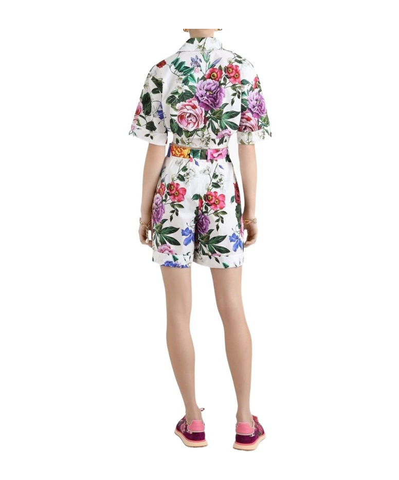 Dolce & Gabbana Multicolor Crop Shirt With All-over Floral Motif And Logo Lettering Detail On The Front In Cotton Wo In White