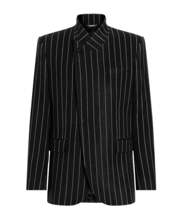 Dolce & Gabbana Pinstripe Wool Blend Single Breasted Coat In Black