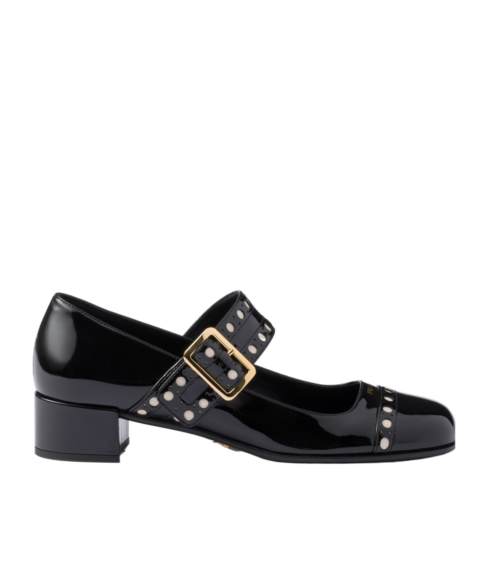 Prada Block Heel Round Toe Patent Finish Studded Detail In Black
