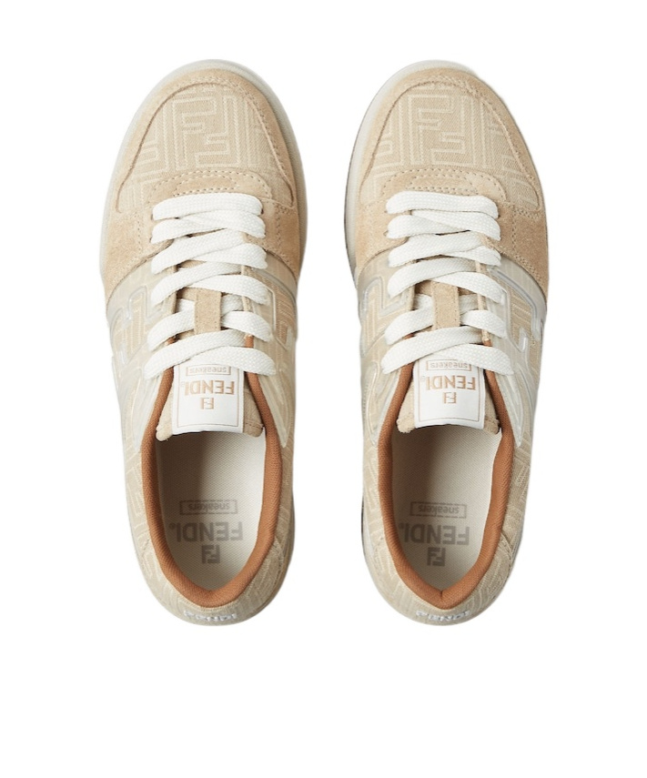 Fendi Ff-monogram Jacquard Suede-panels Sneakers In Sand