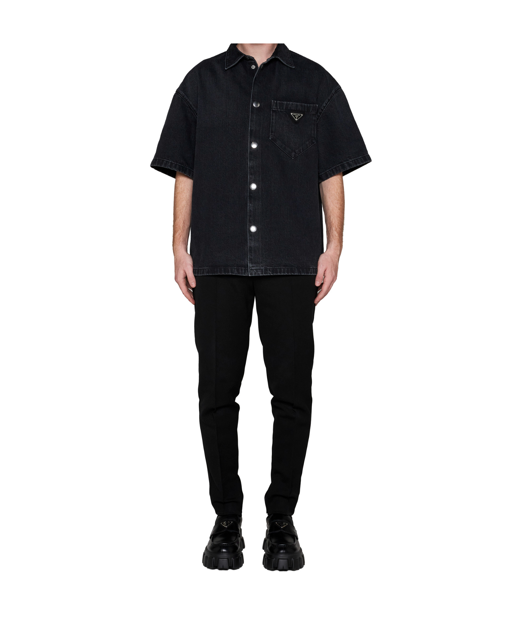 Prada Logo Plaque Short Sleeved Denim Shirt In Black